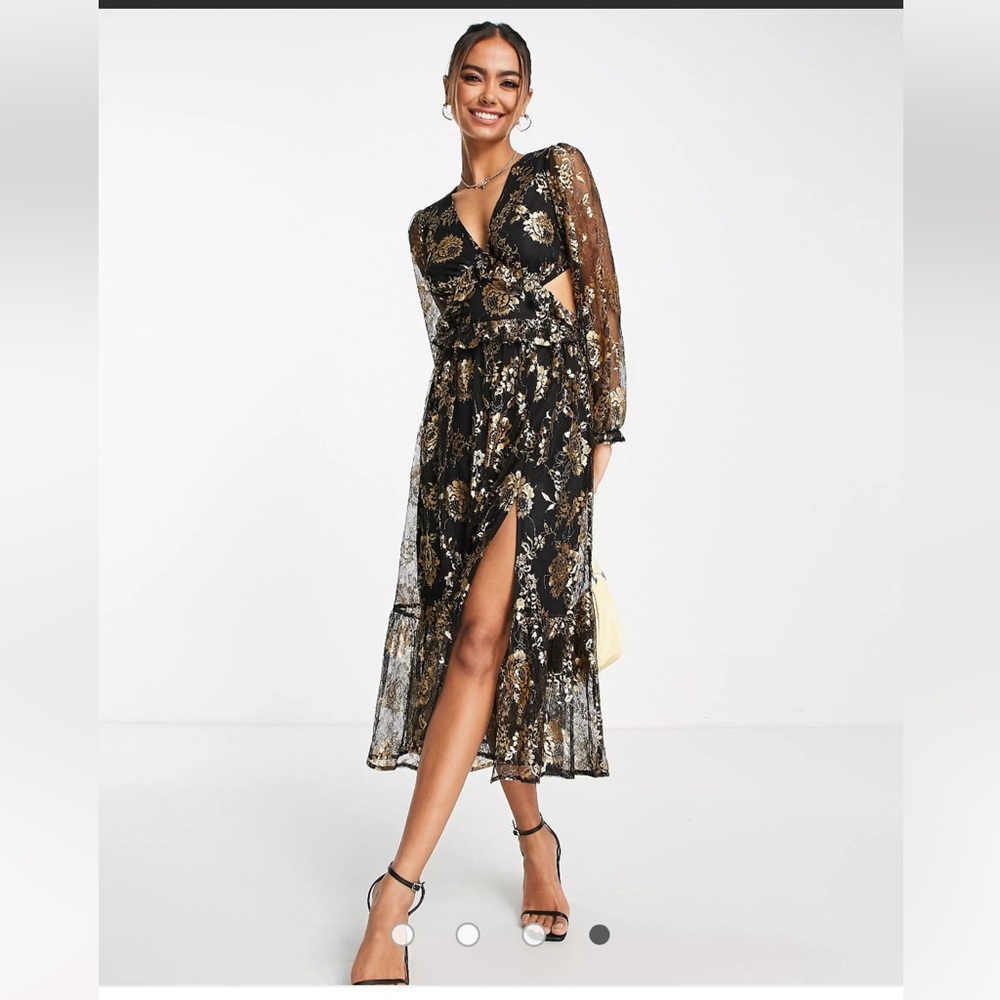 Miss Selfridge lace jacquard frill detail midi dress in black